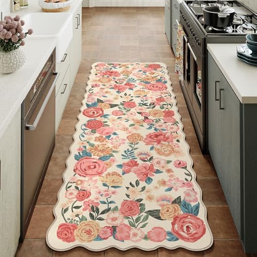 PureCozy Washable Floral Runner Rug 2x6 Beige