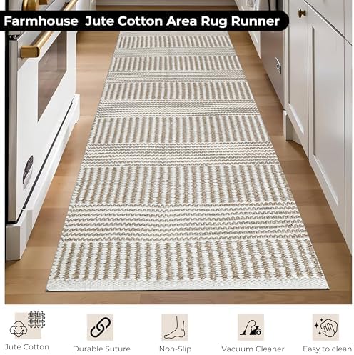 Bedding Craft Jute Cotton Stripe Area Rug Runner 24x72 Inch Natural Ivory
