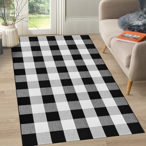 Buffalo Plaid Area Rug 3x5 Black and White Checkered Entryway Mat