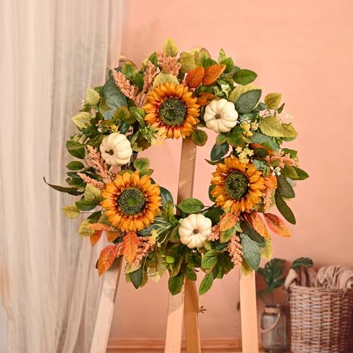 Waipfaru Fall Wreath for Front Door with Sunflower and Pumpkin
