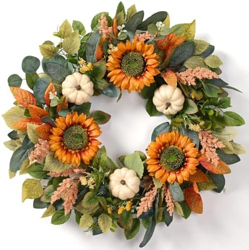 Waipfaru Fall Wreath for Front Door with Sunflower and Pumpkin