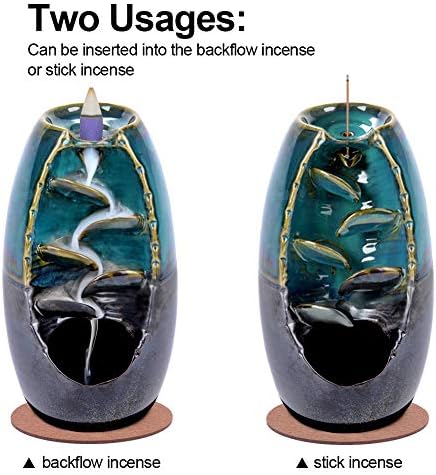 SPACEKEEPER Blue Ceramic Backflow Incense Burner with 120 Cones and 30 Sticks