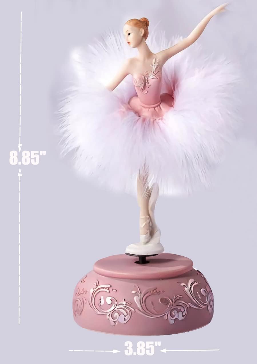 Pink Feather Skirt Ballerina Musical Figurine Plays Swan Lake Tune