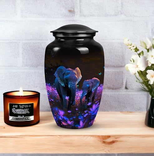 Elephant in Flower Field Cremation Urn - 10 Inch Adult Ashes Container