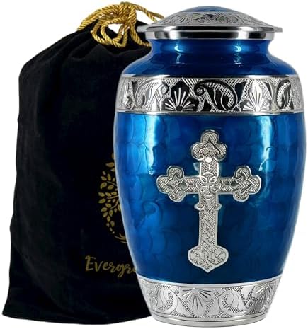 Handcrafted Cross Cremation Urn for Adult Ashes Navy Blue Large