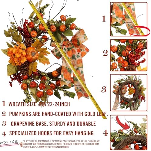 22 Inch Fall Artificial Wreath with Pumpkins and Berries