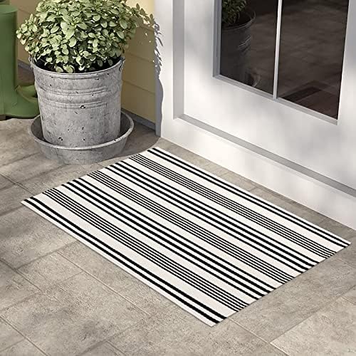 Black and White Striped Outdoor Rug 2x3 Cotton Reversible