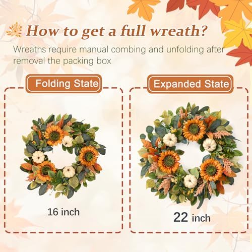 Waipfaru Fall Wreath for Front Door with Sunflower and Pumpkin
