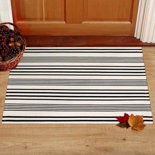 Black and White Striped Outdoor Rug 2x3 Cotton Reversible