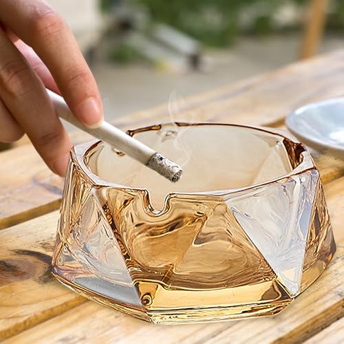 Crystal Amber Glass Ashtray with Hexagonal Shape