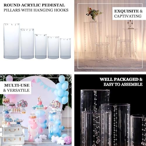Efavormart Set of 5 Clear Acrylic Cylinder Pedestals with Hooks