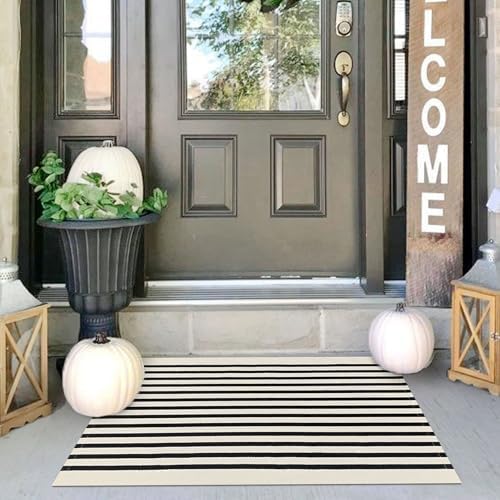 IOHOUZE Black Beige Striped Rug 2x3 Front Door Mat