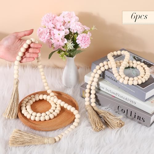 Geetery 6 Pcs 58 Inch Wood Bead Garland with Tassels