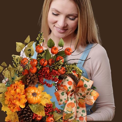 22 Inch Fall Artificial Wreath with Pumpkins and Berries