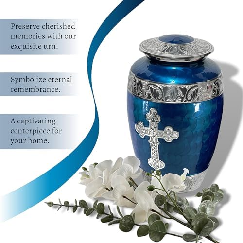 Handcrafted Cross Cremation Urn for Adult Ashes Navy Blue Large