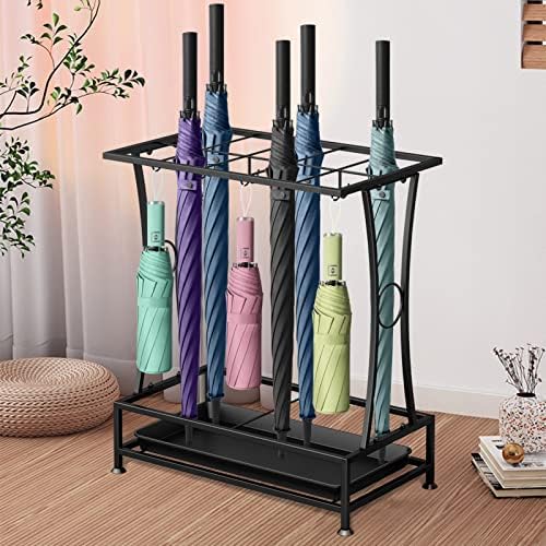 Metal Umbrella Holder Stand with Drip Tray and 8 Hooks Black