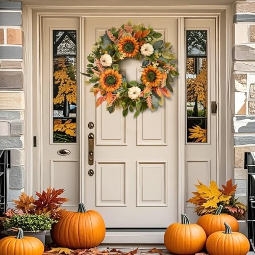 Waipfaru Fall Wreath for Front Door with Sunflower and Pumpkin