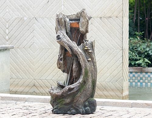 Rustic Tree Trunk Fountain with Light Grey