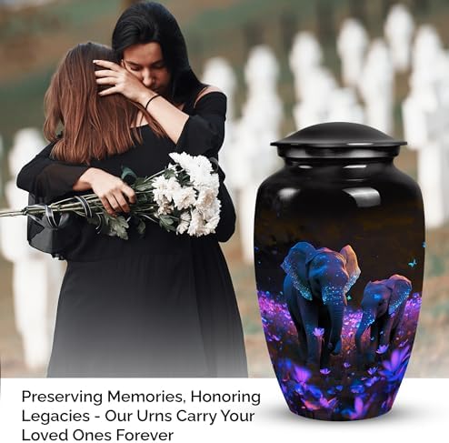 Elephant in Flower Field Cremation Urn - 10 Inch Adult Ashes Container