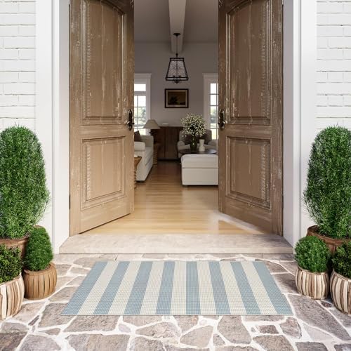 LEEVAN Blue White Striped Porch Rug 24x51