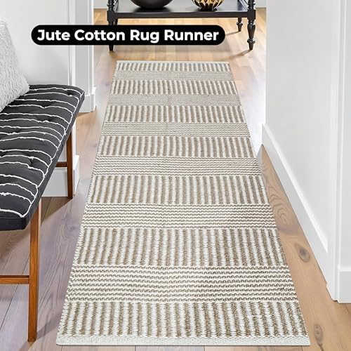 Bedding Craft Jute Cotton Stripe Area Rug Runner 24x72 Inch Natural Ivory
