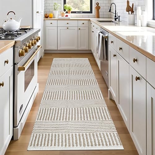 Bedding Craft Jute Cotton Stripe Area Rug Runner 24x72 Inch Natural Ivory