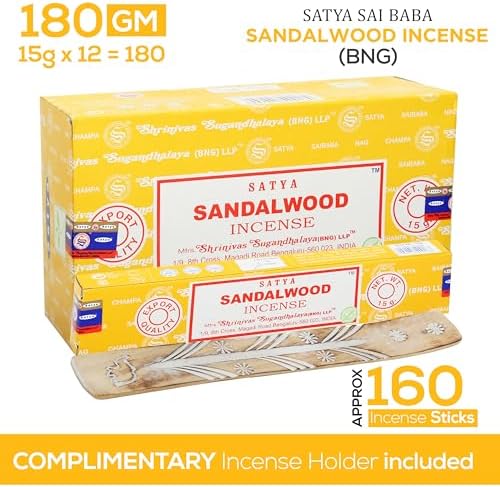 Satya Sandalwood Incense Sticks 15gmx12 Pack with Raajsee Holder