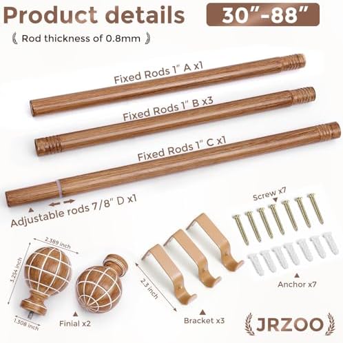 JRZOO Imitation Wood Grain Curtain Rods 30-88 Inches