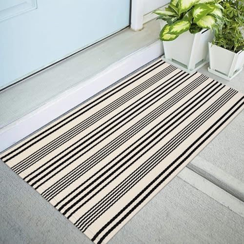Black and White Striped Outdoor Rug 2x3 Cotton Reversible
