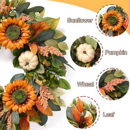 Waipfaru Fall Wreath for Front Door with Sunflower and Pumpkin