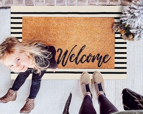 KOZYFLY Black and Beige Striped Porch Rug 2x3 Ft