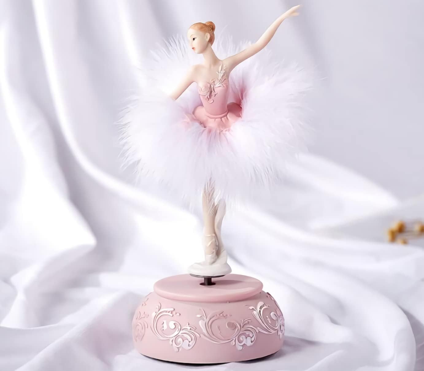 Pink Feather Skirt Ballerina Musical Figurine Plays Swan Lake Tune