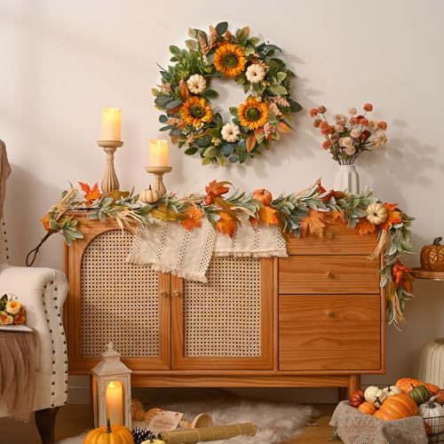 Waipfaru Fall Wreath for Front Door with Sunflower and Pumpkin