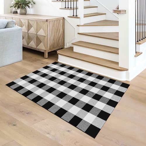 Buffalo Plaid Area Rug 3x5 Black and White Checkered Entryway Mat