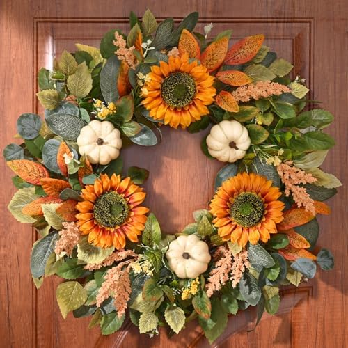 Waipfaru Fall Wreath for Front Door with Sunflower and Pumpkin