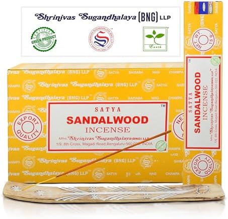 Satya Sandalwood Incense Sticks 15gmx12 Pack with Raajsee Holder