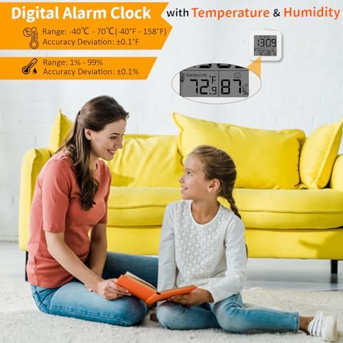 Digital Alarm Clock with 3 Bells and Temperature Display White
