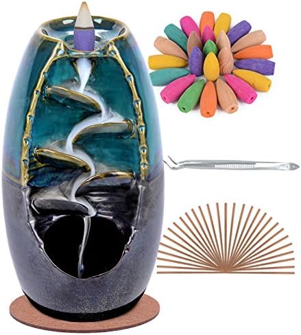 SPACEKEEPER Blue Ceramic Backflow Incense Burner with 120 Cones and 30 Sticks