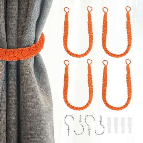 Uxcell 4Pcs Cotton Rope Curtain Tiebacks with Metal Hooks Orange