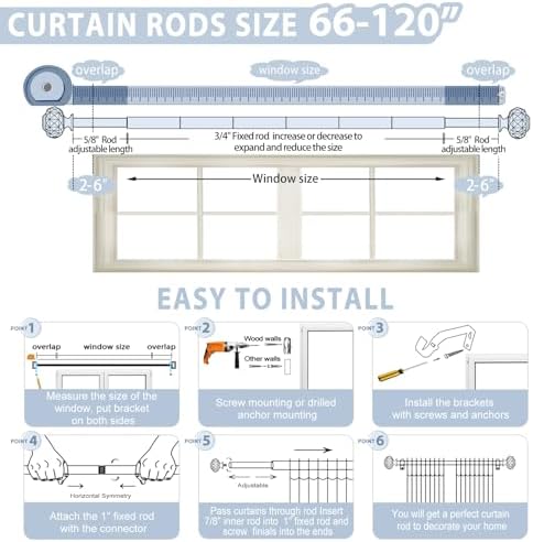 TVWOO Silver Crystal Curtain Rods 66-120 Inch Adjustable