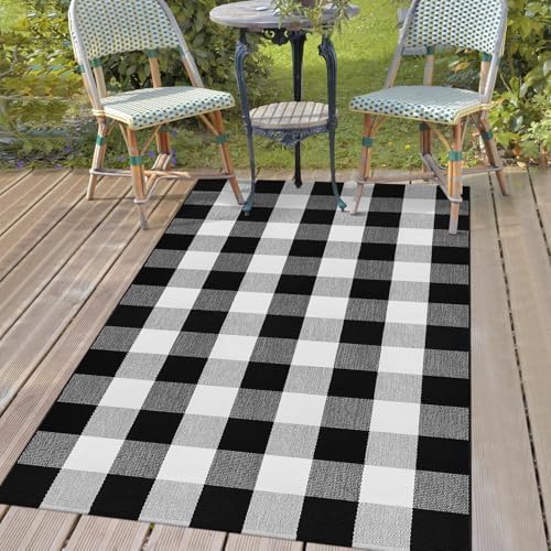 Buffalo Plaid Area Rug 3x5 Black and White Checkered Entryway Mat