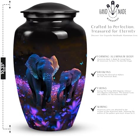 Elephant in Flower Field Cremation Urn - 10 Inch Adult Ashes Container