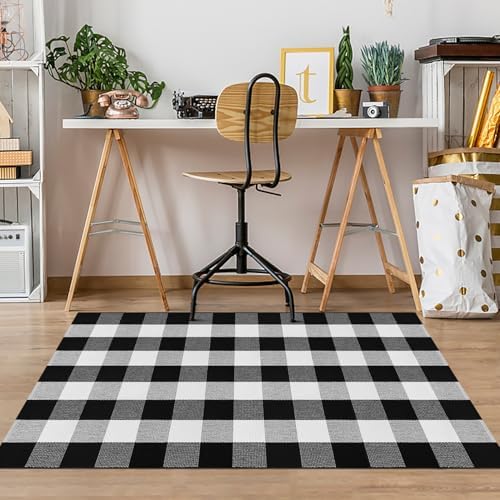 Buffalo Plaid Area Rug 3x5 Black and White Checkered Entryway Mat