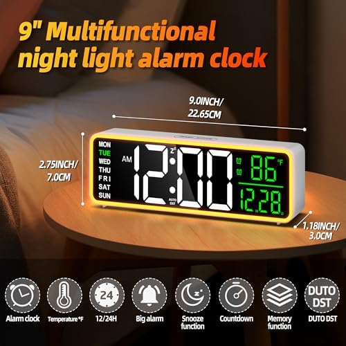 LEIKE 9 Inch Digital Alarm Clock with Night Light and USB Port