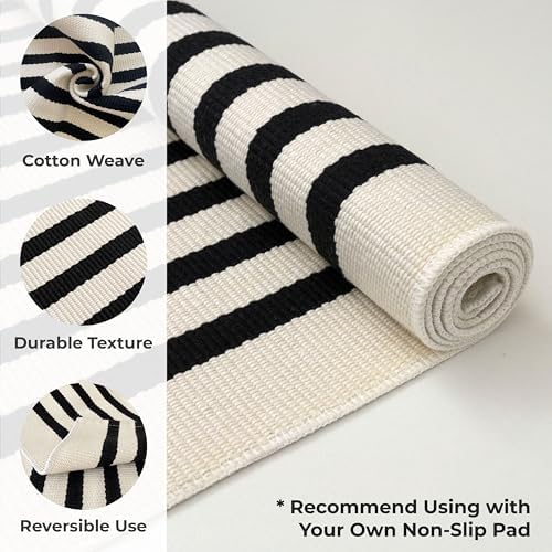 KOZYFLY Black and Beige Striped Porch Rug 2x3 Ft