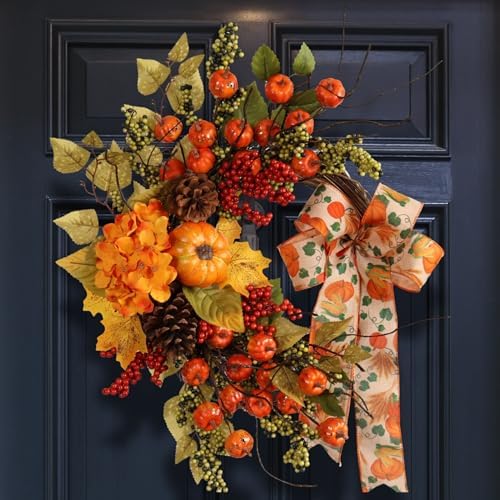 22 Inch Fall Artificial Wreath with Pumpkins and Berries