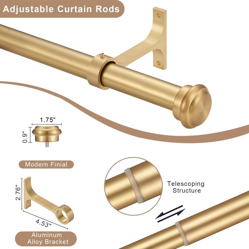 Warm Gold Curtain Rods with Aluminum End Cap Finials 72-144 Inch