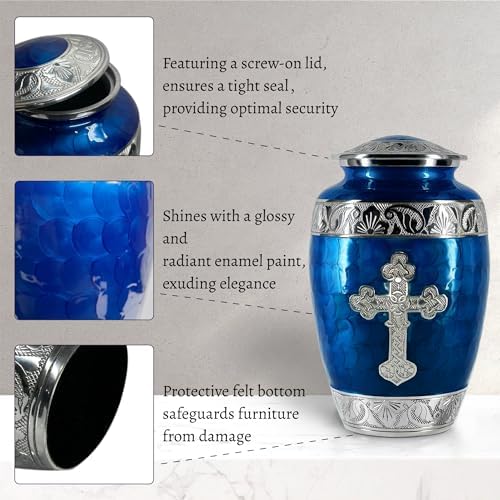 Handcrafted Cross Cremation Urn for Adult Ashes Navy Blue Large