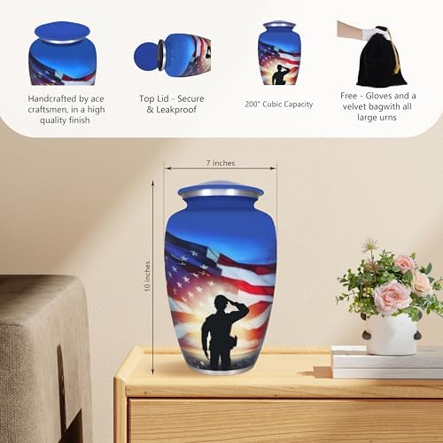 Patriotic Cremation Urn with Soldiers Salute Design