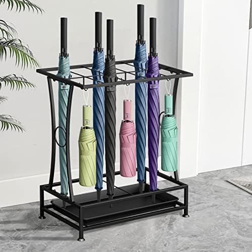 Metal Umbrella Holder Stand with Drip Tray and 8 Hooks Black